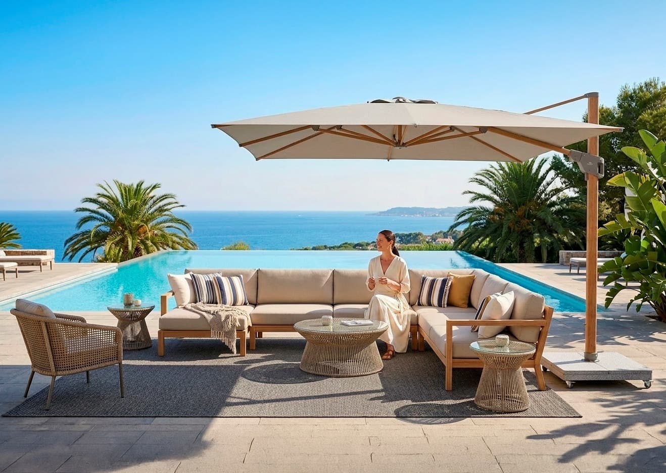 Ombrelone lateral TriSol Zuri sombreando um lounge à beira de uma piscina de borda infinita com vista para o mar